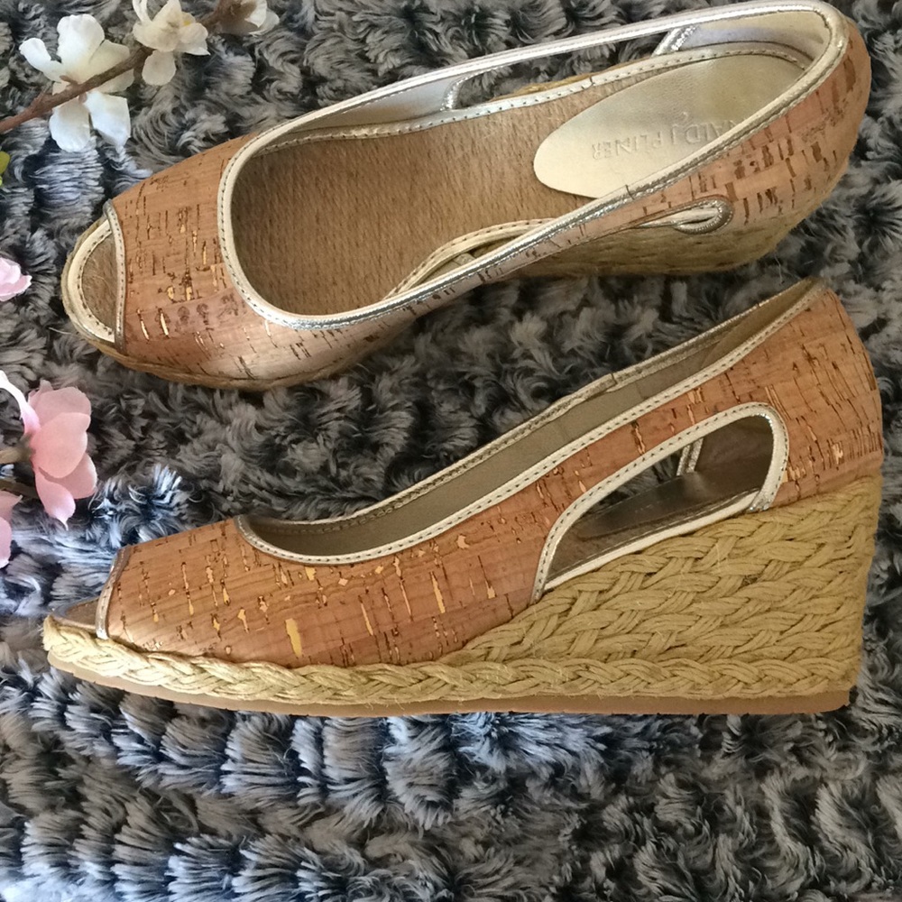 Donald J Pliner cork and tweed wedges